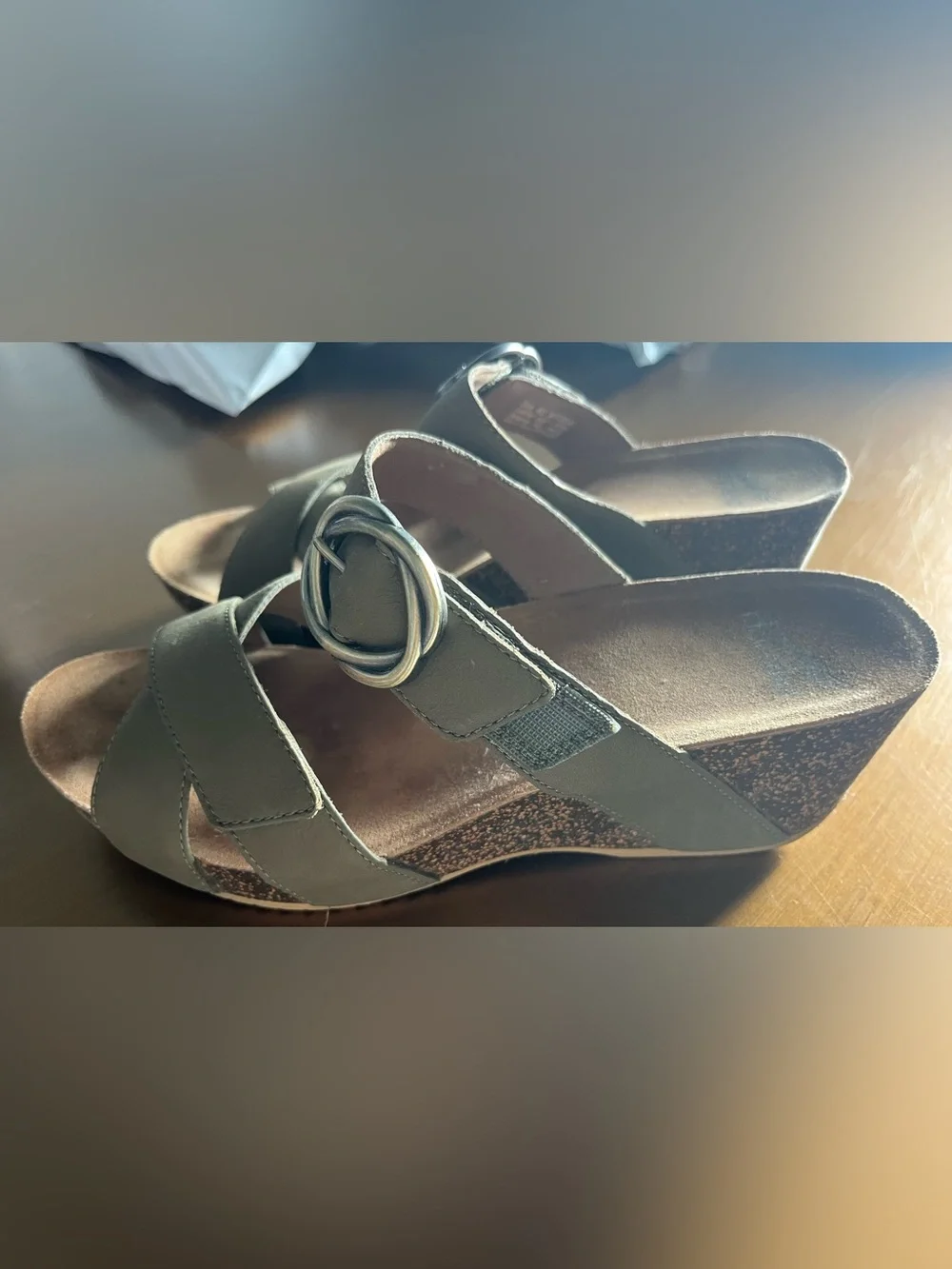 Dansko Olive Green Buckle Wedge Slide Sandals